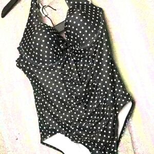 POLKA DOT SWIMSUIT 14 Black White Retro Pin-up 60s Ruched Beach Vacation Summer